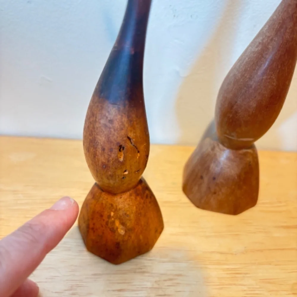 Danish Teak Wood Bird Sculpture Set of 2 Carved Midcentury MCM Folk Art Mantle
